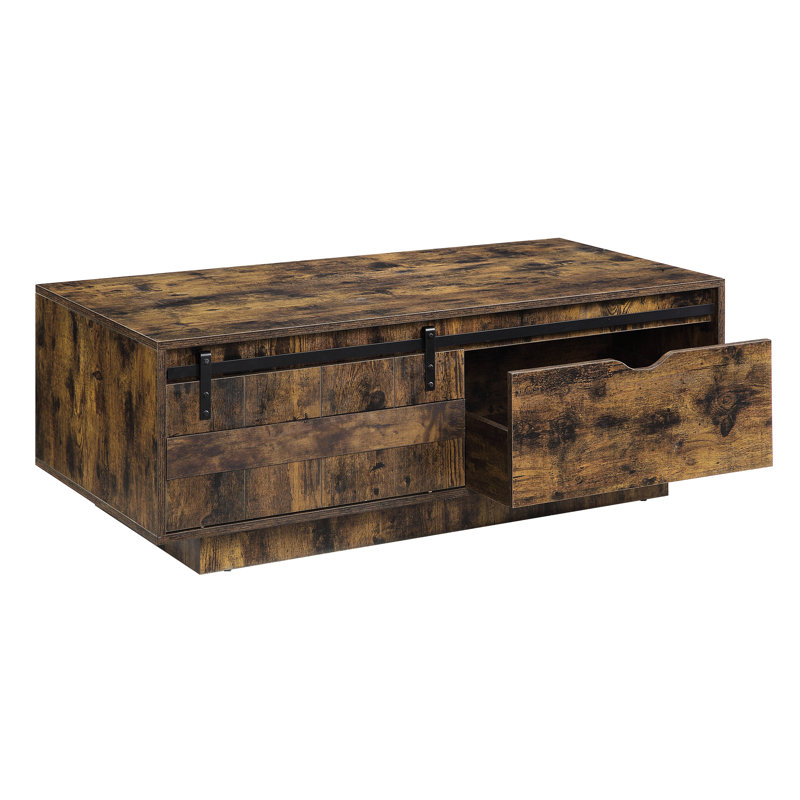 Table basse rustique avec une porte de grange coulissante et un tiroir