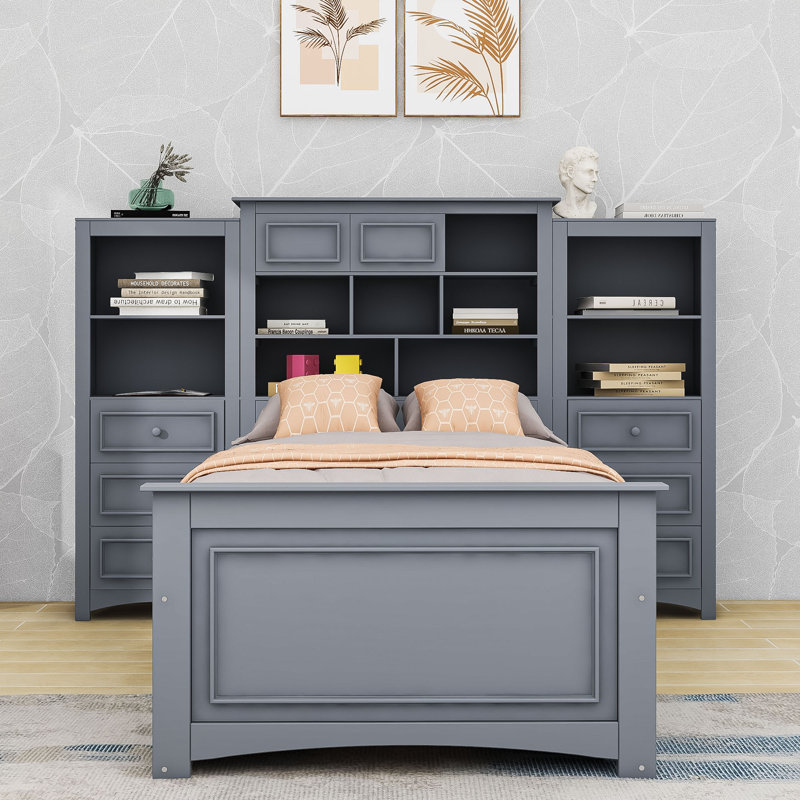 Lit plateforme simple en bois avec tiroirs de rangement et tête de lit, Gris