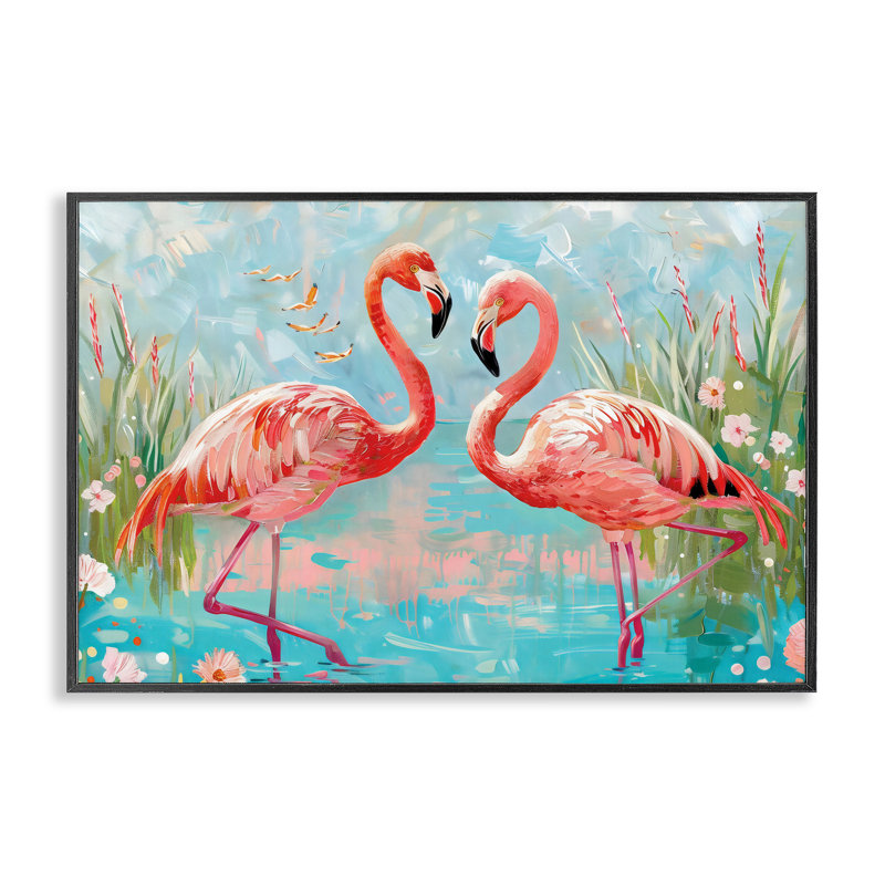 Giclée encadrée «Modern Flamingo Love» par LSR Design Studio, H 16 po x l 24 po, Giclée encadrée noir minuit
