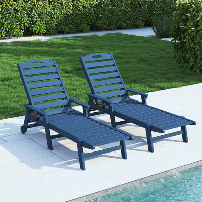Ensemble de chaises longues d'extérieur en PEHD, ensemble de 2 chaises longues de piscine, 5 positions, 400 lb, porte-gobelet, bain de soleil, bleu, piscine