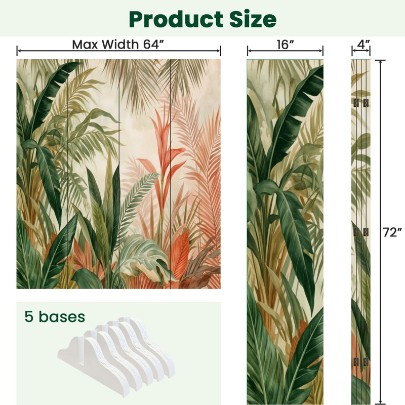 Cloison pliante 4 panneaux paravent Royal Tropical Jungle Green Leaves, 4, H 71 po x l 64 po x P 1 po