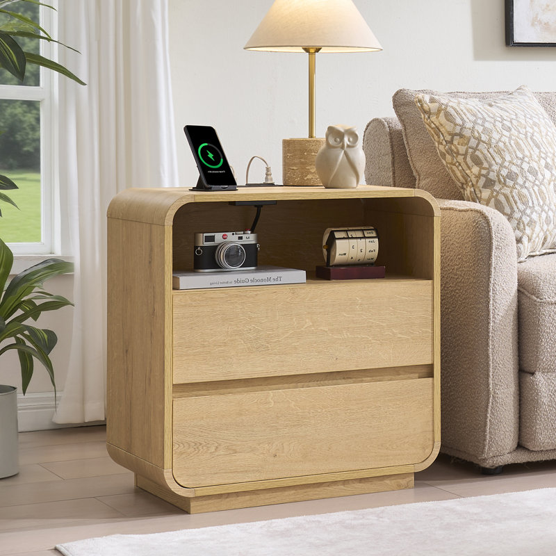 25" H Wood End Table,  Natural Nightstand with Charging Station & 2 Drawers, Curved Side Table, Natural, Individual