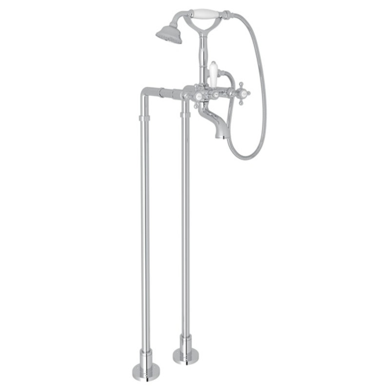 Acqui Floor Mount Tub Filler, Polished Chrome, Metal Cross Handle