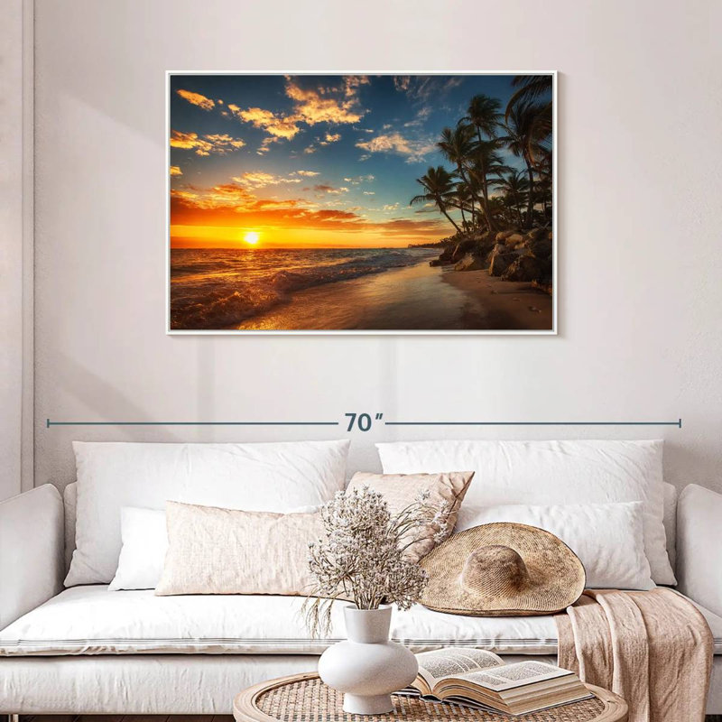 Lever de soleil à Pointe Cana Aurelus, H 29 po x l 43 po, Cadre flottant blanc