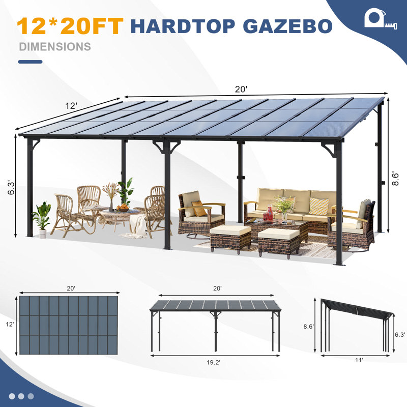 Yardgracewall Mounted Lean To Metal Awnings With Sloped Roof, Solar Light, 98" H x 240" W x 144" D