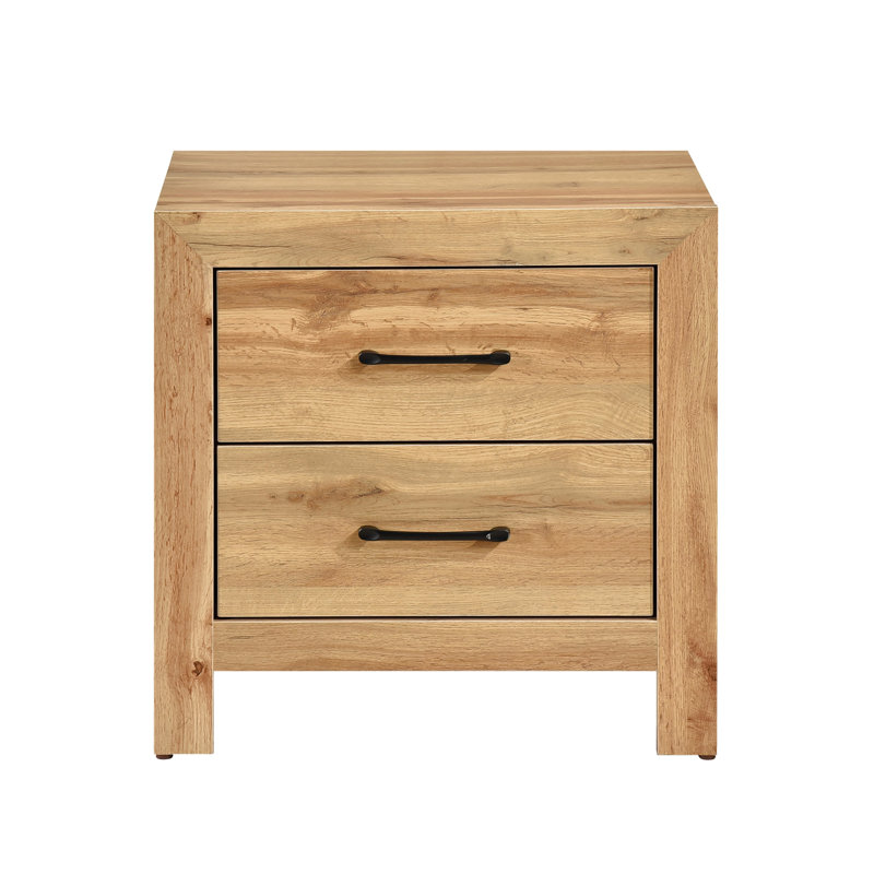 Finition naturelle, 2 tables de chevet de chambre à coucher, style rustique, poignées noires, glissières centrales en métal, surface à gratter, table entièrement assemblée, chambre à coucher, conception, poignées en nickel, lisse