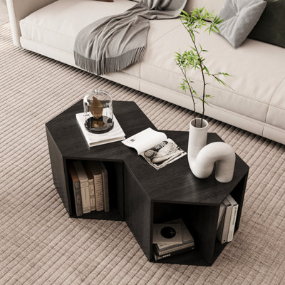 2 pièces Table basse hexagonale - Table de chevet de 47,97 po avec 2 compartiments de rangement généreux