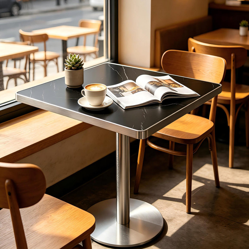 Table bistro moderne 31,5 po, table de salle à manger en faux marbre fritté avec base en métal argenté brossé, Black/Silver