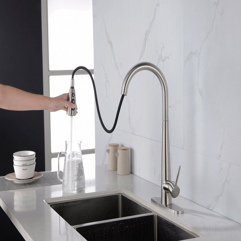 Robinet d'évier de cuisine à poignée simple en acier inoxydable avec douchette extractible, Nickel brossé