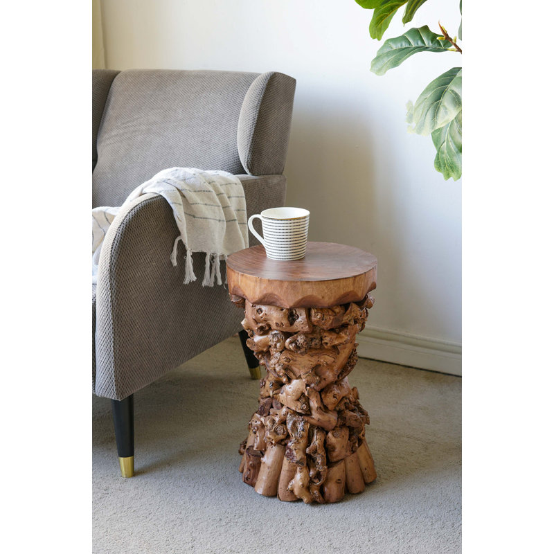 Table d'appoint en bois de mûrier et de paulownia brun 11,8 x 11,8 x 18,9 po avec base de racine d'arbre biologique