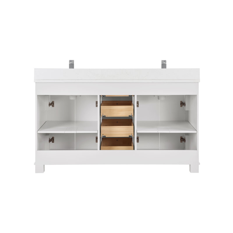 60" Solid Wood Sink Vanity With 1" Artificial Stone Top, Polished Chrome, White