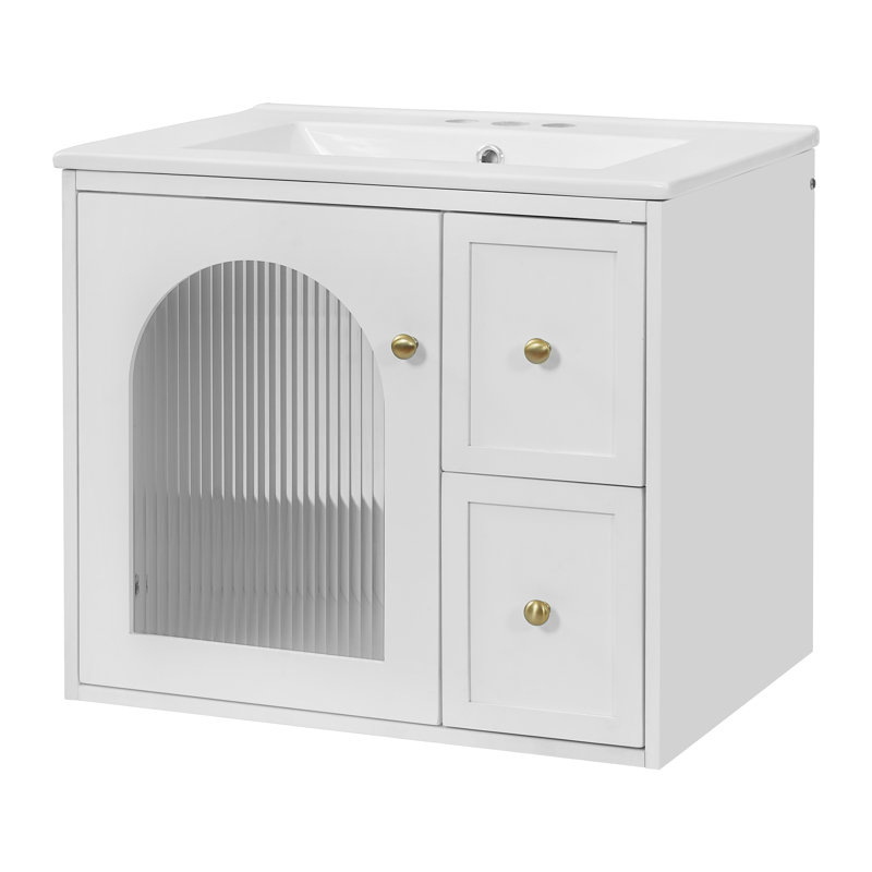 Meuble de salle de bain blanc en bois massif et MDF avec porte vitrée et deux tiroirs