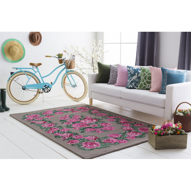 Tapis gris / rose / vert en laine touffeté à la main Sandidge, Rectangle 9 pi x 13 pi