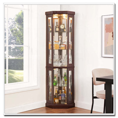 Vitrine de coin avec lumière et tablettes réglables en verre