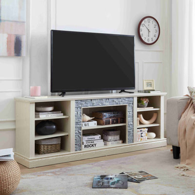 Grand support de rangement pour bureau de télévision avec bordure en faux pierre, console média avec grand meuble de rangement, meuble télé multimédia moderne