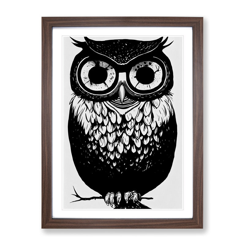 Owl Monochrome No.3 - Framed Print, 34cm H x 25cm W x 2cm D, Walnut