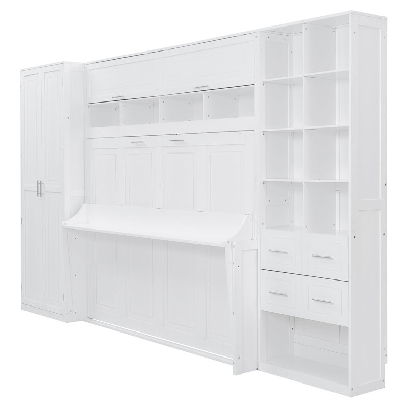 Lit escamotable innovant avec placard intégré, tiroirs et tablettes pour des espaces de vie multifonctionnels, Blanc, Grand