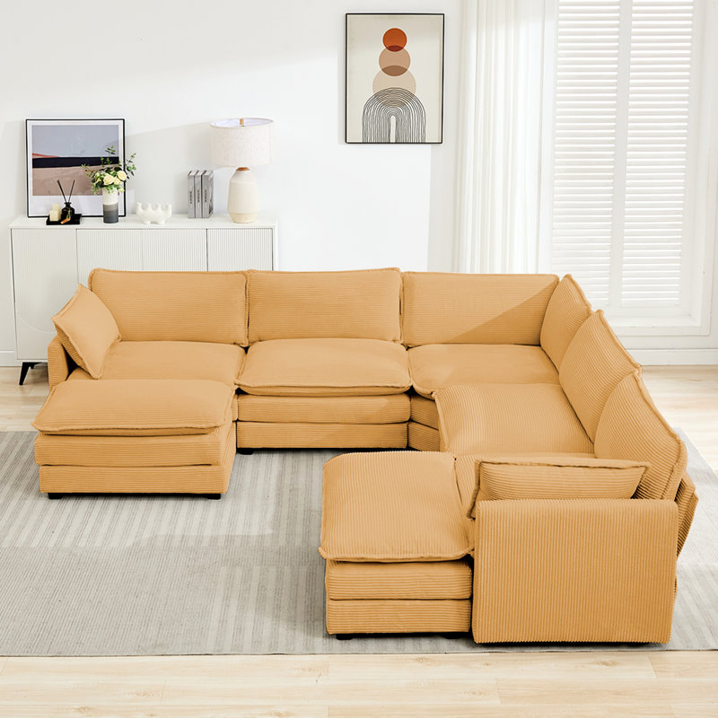 Ensemble modulaire en velours côtelé 7 pièces avec repose-pieds 7 pièces, Velours côtelé brun