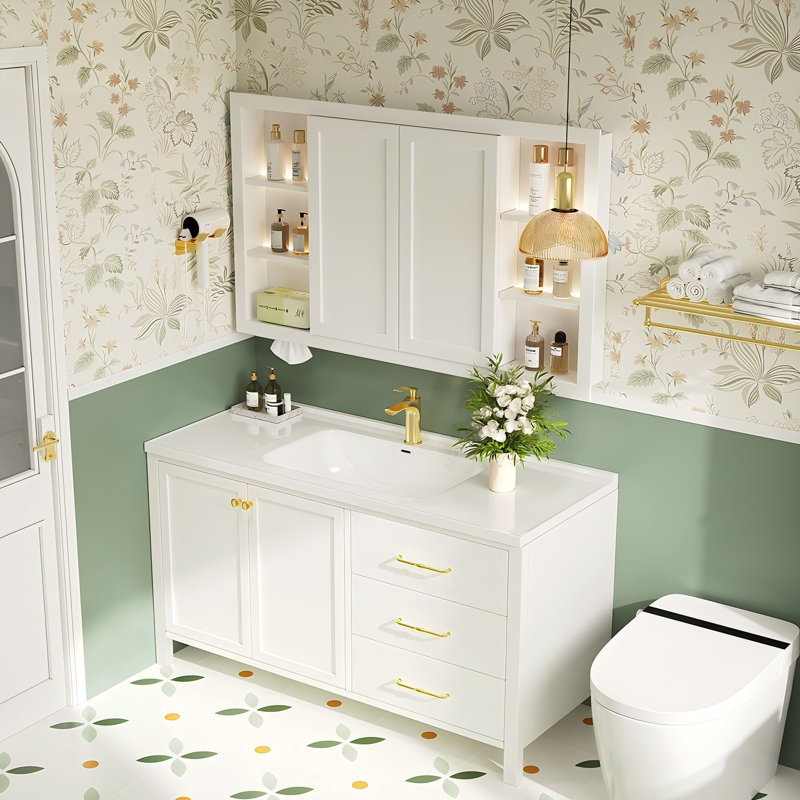 Meuble-lavabo de salle de bain en bois d'hévéa massif blanc avec miroir intelligent, 32.68" H x 47.64" W x 19.69" D