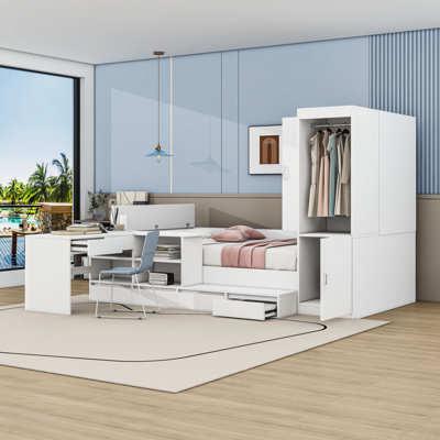 Lit double avec bureau intégré et tablettes de rangement, tiroirs