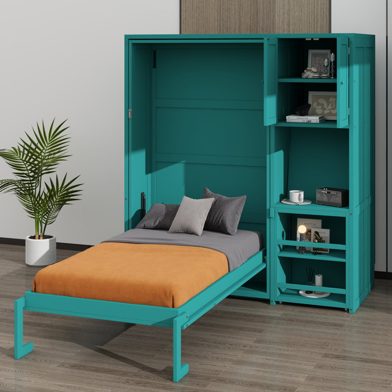 Lit escamotable mural simple avec bibliothèque, armoire supérieure, bureau extensible et rangement latéral, Sarcelle