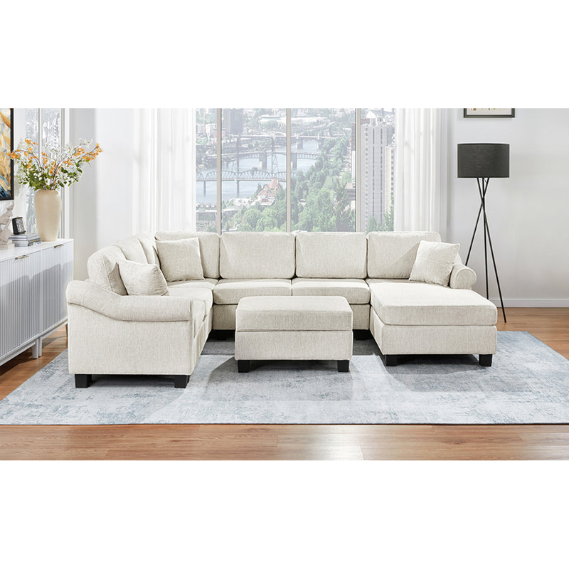 Canapé modulaire en chenille blanc en U de 111,8 po avec rangement mobile pour le salon, 6 sièges, accoudoirs roulés et siège rembourré de mousse