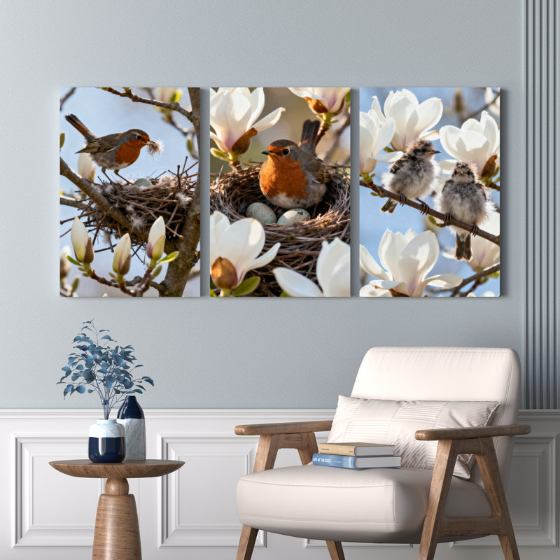Ensemble de 3 tableaux sur toile tendue représentant un nid de rouge-gorge avec des fleurs de magnolia, H 36 po x l 72 po