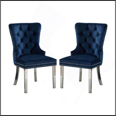 Ensemble de 2 chaises à oreilles avec dossier capitonné bleu et chrome