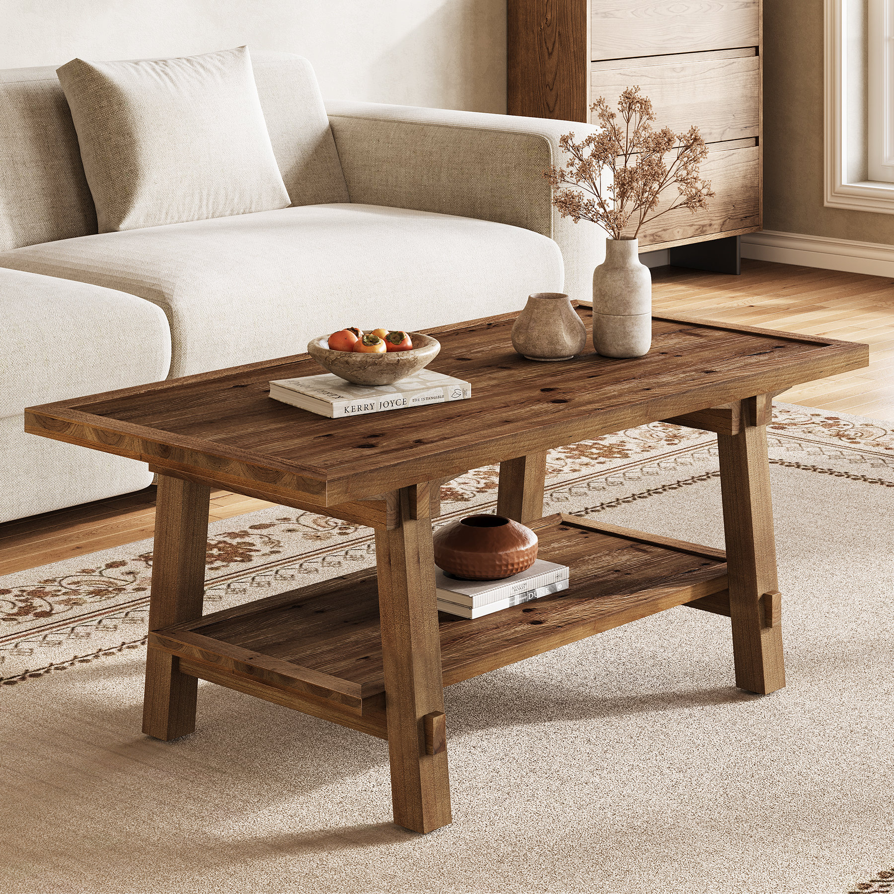 Wayfair Rustic Table HONGYAN 47-Inch Solid Wood Rectangular Coffee Tables Cocktail Table For ...