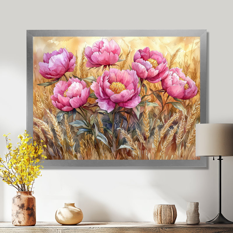 Draeson, campagne, pivoines dans le champ d'ambre II - pivoines, art mural sur toile, H 24 po x l 32 po, Argent argent