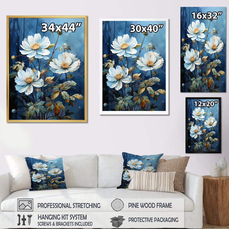 «White Blue Moonlit Zinnias Blooms I» sur toile imprimée, Toile tendue, H 32 po x l 16 po x P 1 po