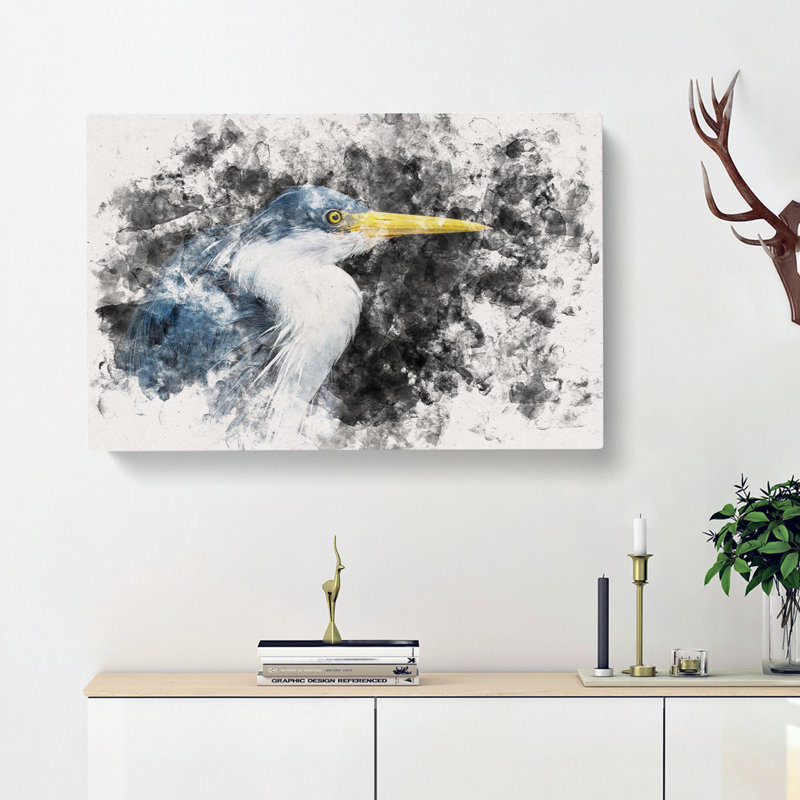 Pied Heron Watercolour - Wrapped Canvas, 50cm H x 76cm W x 3cm D