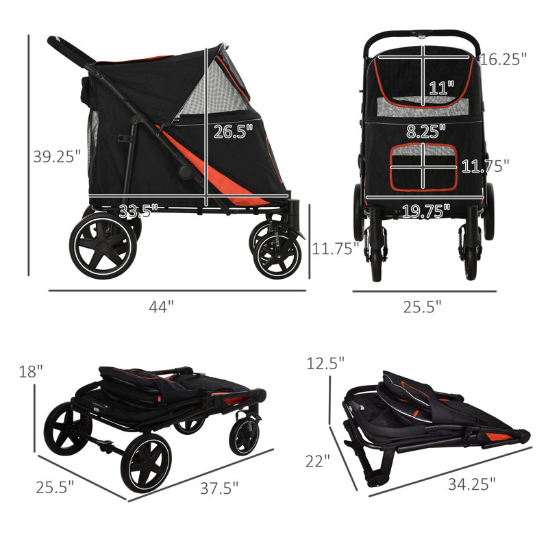 Foldable Standard Stroller Pet Stroller with Storage Smooth Ride with Shock Absorption, Black/Red