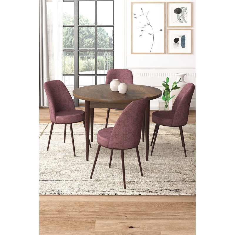 Ensemble de table et chaises de salle à manger moderne 5 pièces, couleur baroque et rose cendré | Table 35,4 po x 29,5 po x 35,4 po | Pieds en métal et chaises en tissu Jerry | Panneau de particules 100% enduit de mélamine | Confortable dossier 22 en mousse et siège 28 en mousse