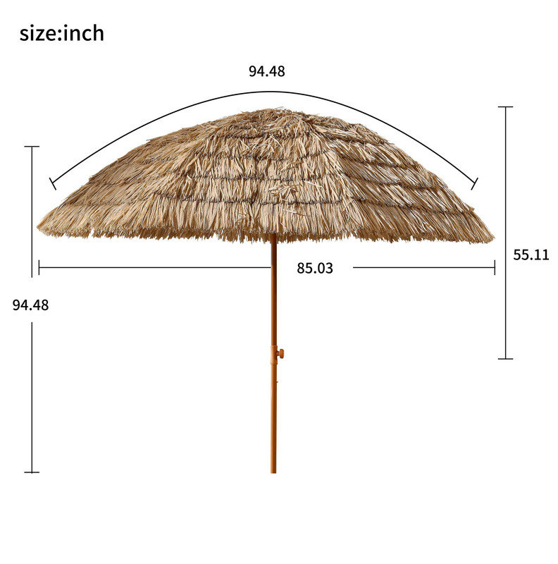 Parasol de patio de 8 pi Tiki Tiki, Palapa hawaïen brun avec bouton-poussoir inclinable et mât en acier pour la plage et la cour