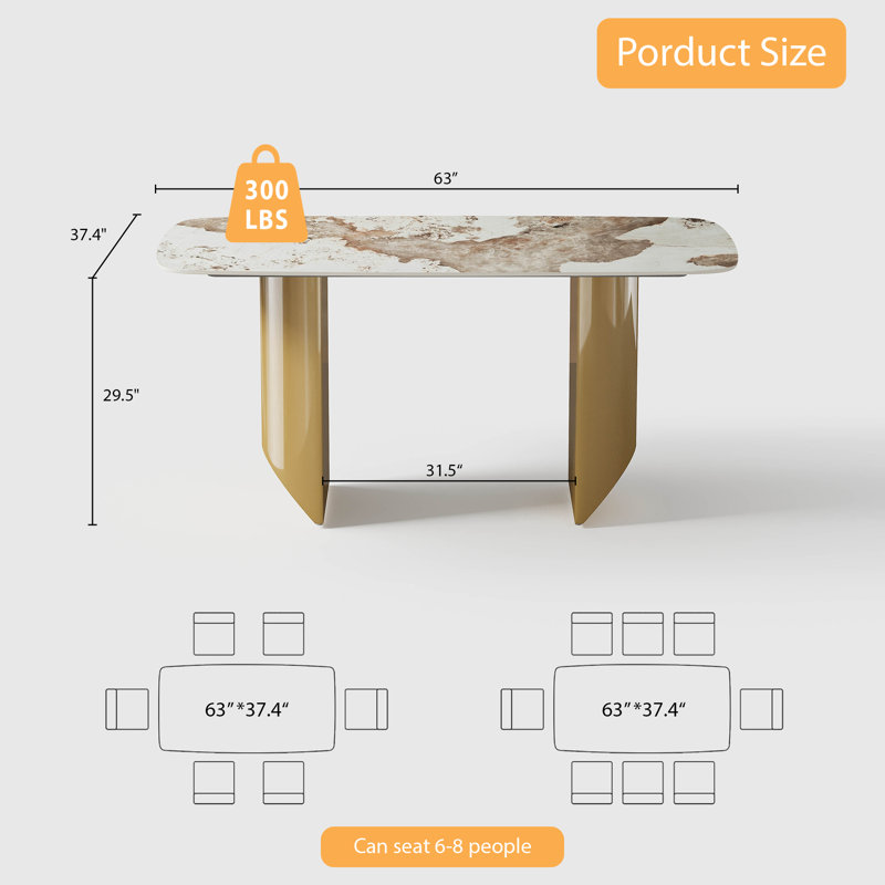 Hugette 63'' Modern Dining Table for 4-6 People, Rectangular Kitchen Table with Sintered Stone Tabletop and Stainless Steel Legs, Luxury Dining Room Table for Living Room Home, Gold(Table Only)
