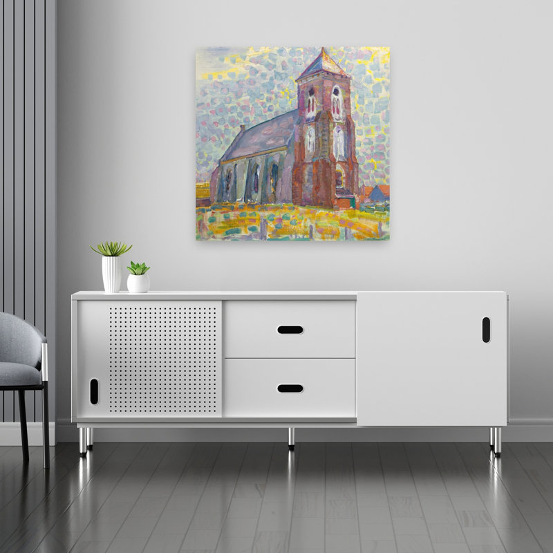Vibrant Village Church Colorful Impressionist Vibrant Architecture Landscape Wall Art Print 1 Piece Wrapped Canvas Wall Art