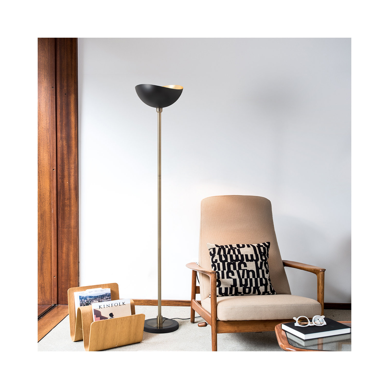 Luna Bella Torchiere Floor Lamp - Matte Black & Gold-Leaf Shade, Weathered Brass, Black Marble Base, Dimmer