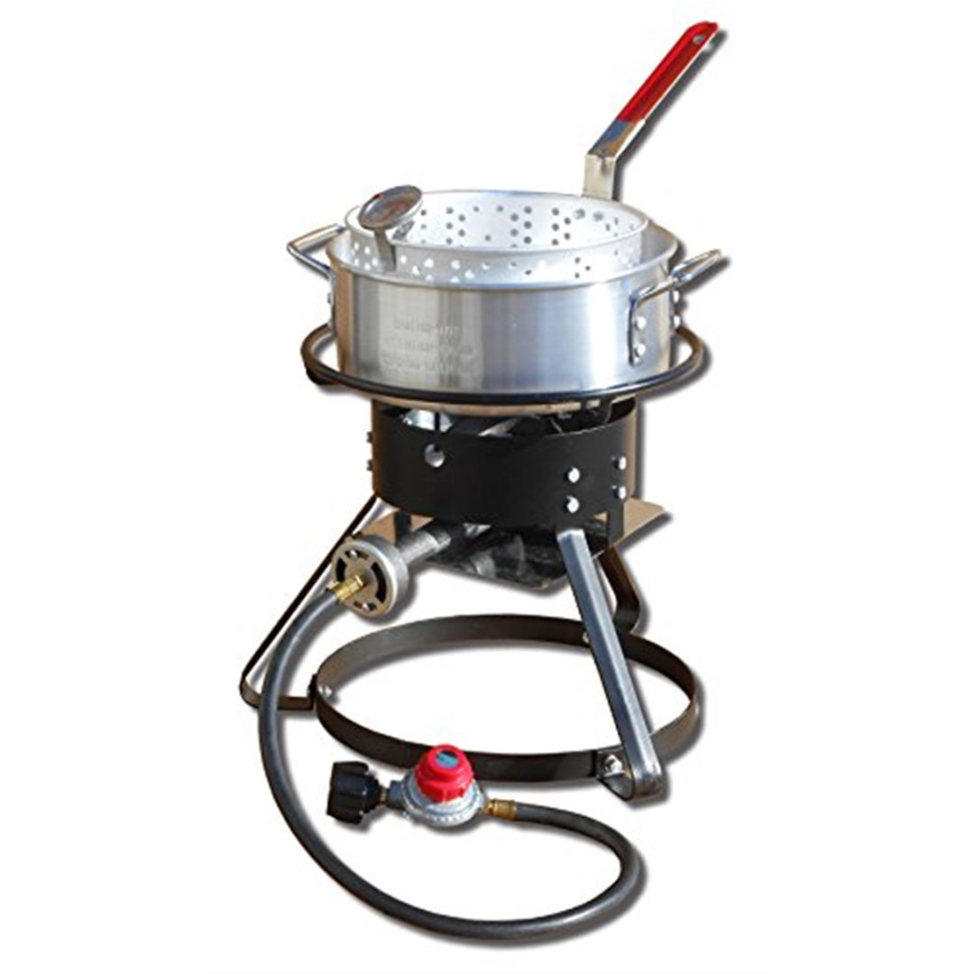 King Kooker Single Burner Propane Outdoor Cooker Kit with 10-Quart Aluminum Fry Pan and Punched Aluminum Basket King Kooker