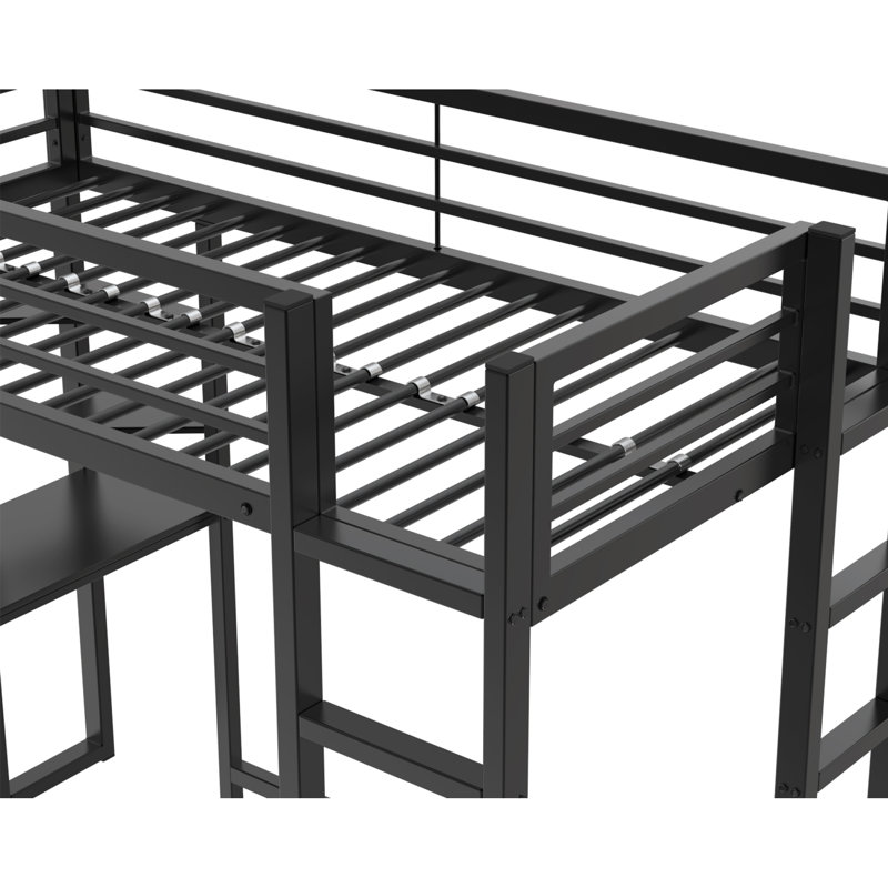 Lit mezzanine en métal peu encombrant, design moderne noir, avec bureau et rangement