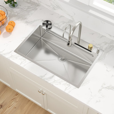 33"L x 22"W Drop-In Single Bowl Workstation  Stainless Steel Kitchen Sink with Waterfall Faucet and Cup Washer