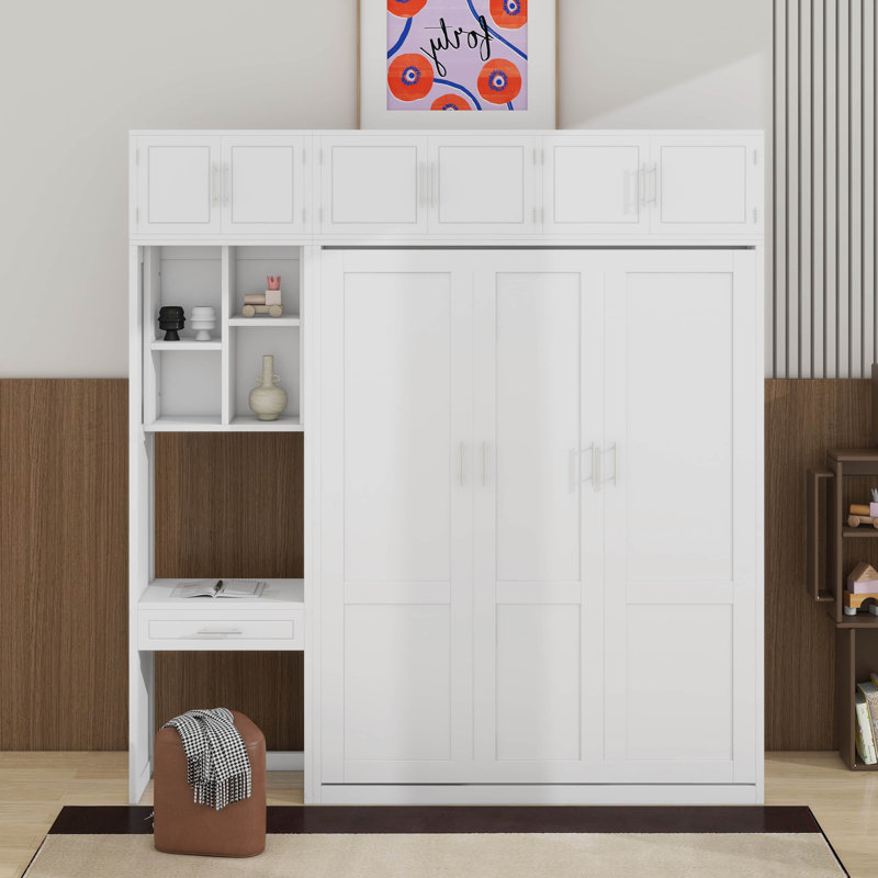 Lit escamotable mural avec bureau, armoire supérieure et tablettes de rangement, Blanc, Double