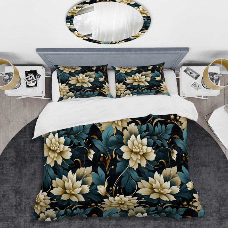 Ensemble de housse de couette damassé noir et beige Flower Opulence II - Damask