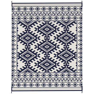 Tapis d'extérieur réversible, L 143,7 po x l 107,9 po, polypropylène, 1 pièce, tapis imperméable, bordure losange bleue et blanche, avec sac de transport