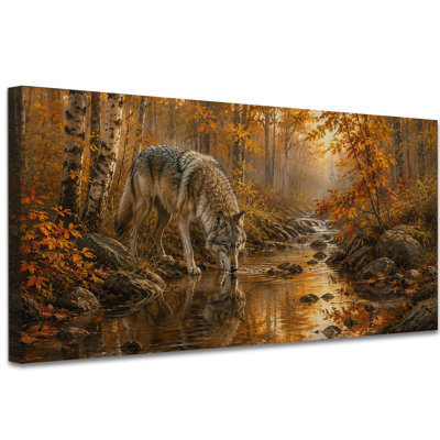 Automne, art mural sur toile, ruisseau loup rustique, peinture, forêt d'automne, œuvre d'art pour le salon, chambre à coucher (24 po x 47 po)