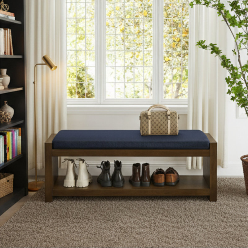 Accent Bench With Lower Shelf Shoe Rack, Padded Seating Bench, Navy Blue, 18.5" H x 47" W x 16.25" D