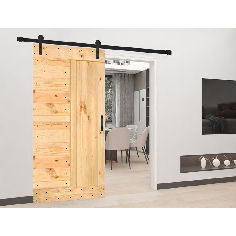 Unfinished Solid Knotty Pine Sliding Barn Door Kit with Black Hardware