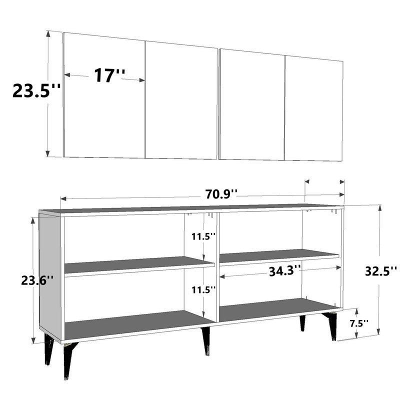 Buffet 4 portes avec détails rectangulaires dorés / argentés, Blanc / argenté
