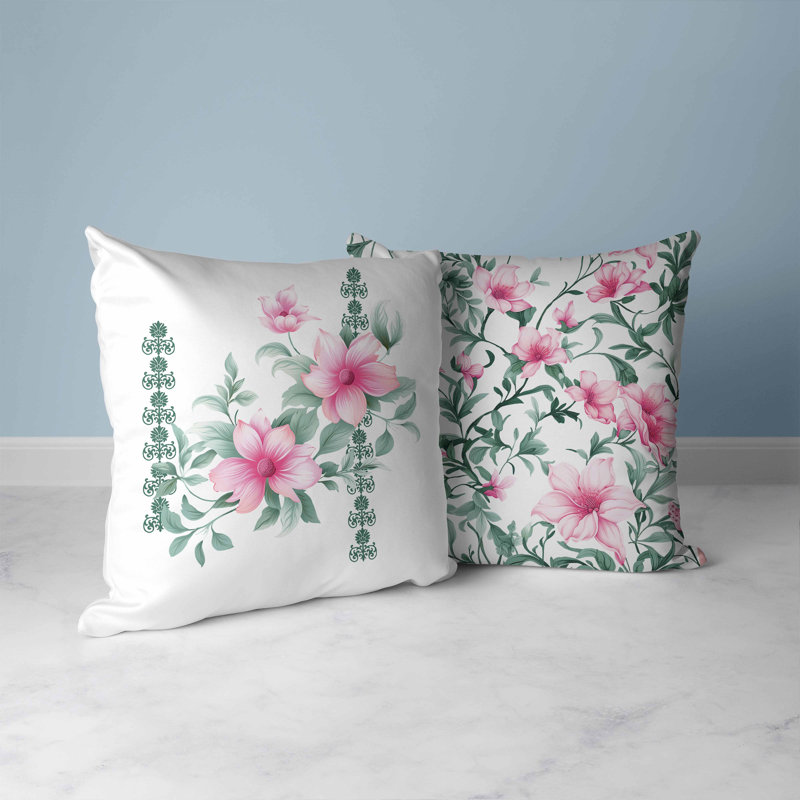 Indoor / Outdoor Floral Square Cushion, 66cm H x 66cm W, White/Green/Pink Floral