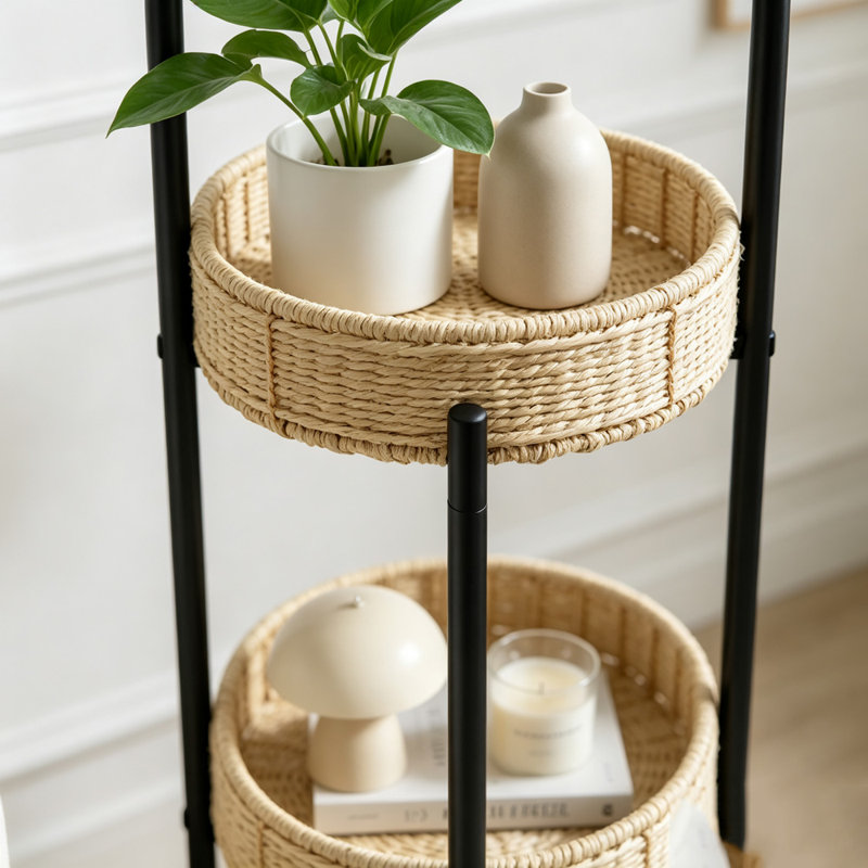 Table d'appoint ovale à trois niveaux, tressée à la main, avec paniers de rangement et structure métallique robuste., Natural
